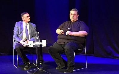 Journalist Matthew Kalman (left) and David Hirsh, author of 'Contemporary Left Anti-Semitism,' at a Times of Israel Presents event at Jerusalem's Beit Avichai on November 8, 2017. (Amanda Borschel-Dan/Times of Israel)