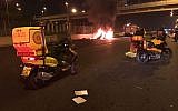 A car in flames after a loud blast in Tel Aviv on November 16, 2017. (MDA)