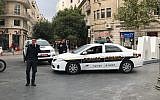 Illustrative: Police squad cars in Zion Square, downtown Jerusalem, September 20, 2017. (Stuart Winer/ Times of Israel)