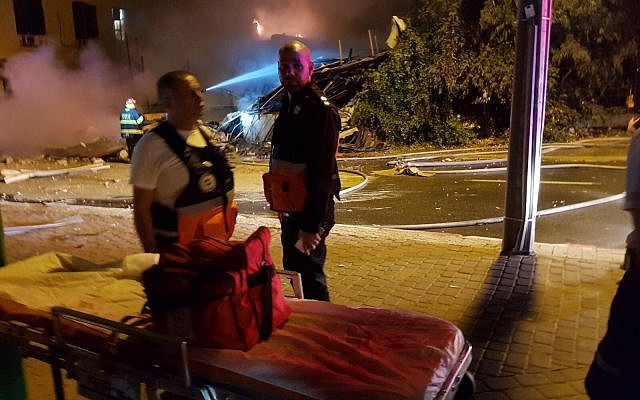 Medics at the site of an explosion and building collapse in Jaffa on November 27, 2017 (Magen David Adom) Medics at the site of an explosion and building collapse in Jaffa on November 27, 2017 (Magen David Adom)