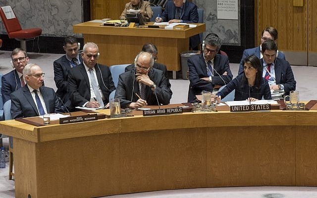 OPCW head Edmond Mulet, left, Syrian UN envoy Ramzy Ezeldine Ramzy, and US envoy Nikki Haley discuss the United Nations Joint Investigative Mechanism at the UN SEcurity Council on November 7, 2017. (UN/Cia Pak) OPCW head Edmond Mulet, left, Syrian UN envoy Ramzy Ezeldine Ramzy, and US envoy Nikki Haley discuss the United Nations Joint Investigative Mechanism at the UN SEcurity Council on November 7, 2017. (UN/Cia Pak)