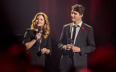 Canadian Prime Minister Justin Trudeau and his wife Sophie onstage at the Leonard Cohen memorial concert in Montreal, November 6, 2017. (Michel Couvrette)