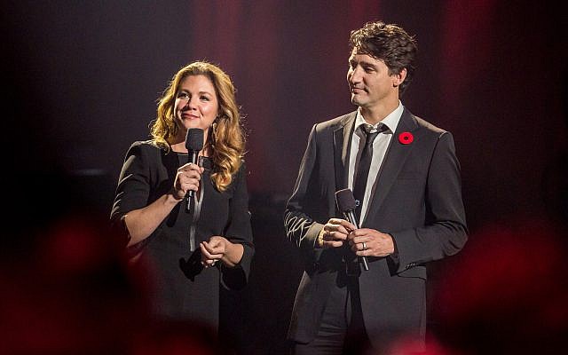 Canadian Prime Minister Justin Trudeau and his wife Sophie onstage at the Leonard Cohen memorial concert in Montreal, November 6, 2017. (Michel Couvrette)