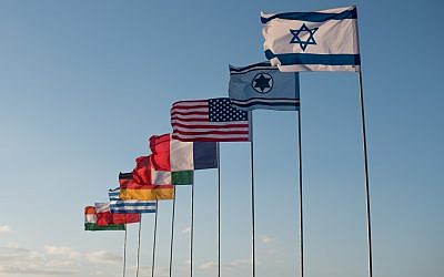The flags of Israel, the Israeli Air Force, the United States, France, Italy, Germany, Greece, Poland and India fly in the Ovda air base as part in the international Blue Flag exercise in early November 2017. (Israel Defense Forces)