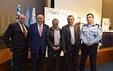 From left to right: David Weinberg, Greg Rosshandler, Efraim Inbar, Zeev Elkin, Yoram Halevy at the launching conference of the Jerusalem Institute for Strategic Studies, November 6, 2017 (courtesy)
