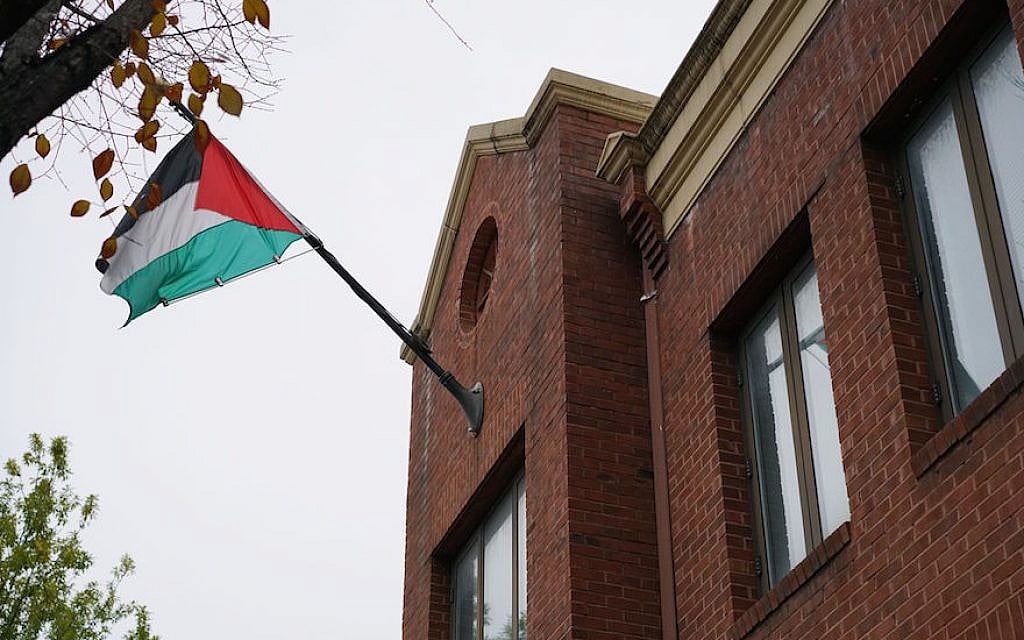 The Palestinian flag is seen above the offices of the Palestine Liberation Organization in Washington, DC, November 18, 2017. (Mandel Ngan/AFP/Getty Images via JTA) The Palestinian flag is seen above the offices of the Palestine Liberation Organization in Washington, DC, November 18, 2017. (Mandel Ngan/AFP/Getty Images via JTA)