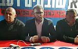 Likud MK Oren Hazan (C) announces on November 5, 2017 that he will be joining a hunger strike led by settler leaders demanding the prime minister transfer funds for security improvements in the West Bank. (Screen capture/Samaria Regional Council)