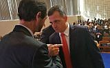 Israeli Ambassador to UNESCO Carmel Hacohen Shama, right, argues with a Palestinian diplomat during the agency's General Conference in Paris, November 2017 (courtesy)