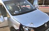 A car that a Palestinian terrorist rammed into two Israelis in the central West Bank on November 17, 2017. (Israel Defense Forces)