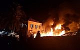 Flames at the site of an explosion and building collapse in Jaffa on November 27, 2017. (Magen David Adom)