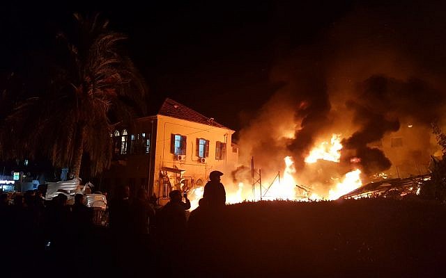 Flames at the site of an explosion and building collapse in Jaffa on November 27, 2017. (Magen David Adom) Flames at the site of an explosion and building collapse in Jaffa on November 27, 2017. (Magen David Adom)