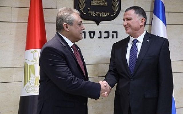 Egyptian Ambassador to Israel Hazem Khairat (L) meets with Knesset Speaker Yuli Edelstein in the Knesset on November 21, 2017 (Knesset spokesperson's office) Egyptian Ambassador to Israel Hazem Khairat (L) meets with Knesset Speaker Yuli Edelstein in the Knesset on November 21, 2017 (Knesset spokesperson's office)