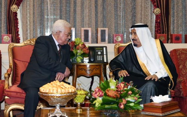 Palestinian Authority President Mahmoud Abbas, left, meets with Saudi King Salman in Riyadh on November 7, 2017. (Thaer Ghanaim / Wafa) Palestinian Authority President Mahmoud Abbas, left, meets with Saudi King Salman in Riyadh on November 7, 2017. (Thaer Ghanaim / Wafa)