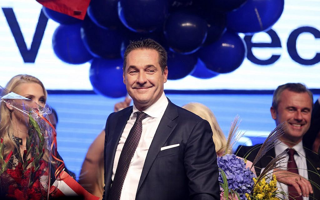 Heinz-Christian Strache, leader of the right-wing Austria Freedom Party (FPOe), attends the party's election event following Austrian parliamentary elections on October 15, 2017 in Vienna, Austria. (Alex Domanski/Getty Images, via JTA) Heinz-Christian Strache, leader of the right-wing Austria Freedom Party (FPOe), attends the party's election event following Austrian parliamentary elections on October 15, 2017 in Vienna, Austria. (Alex Domanski/Getty Images, via JTA)