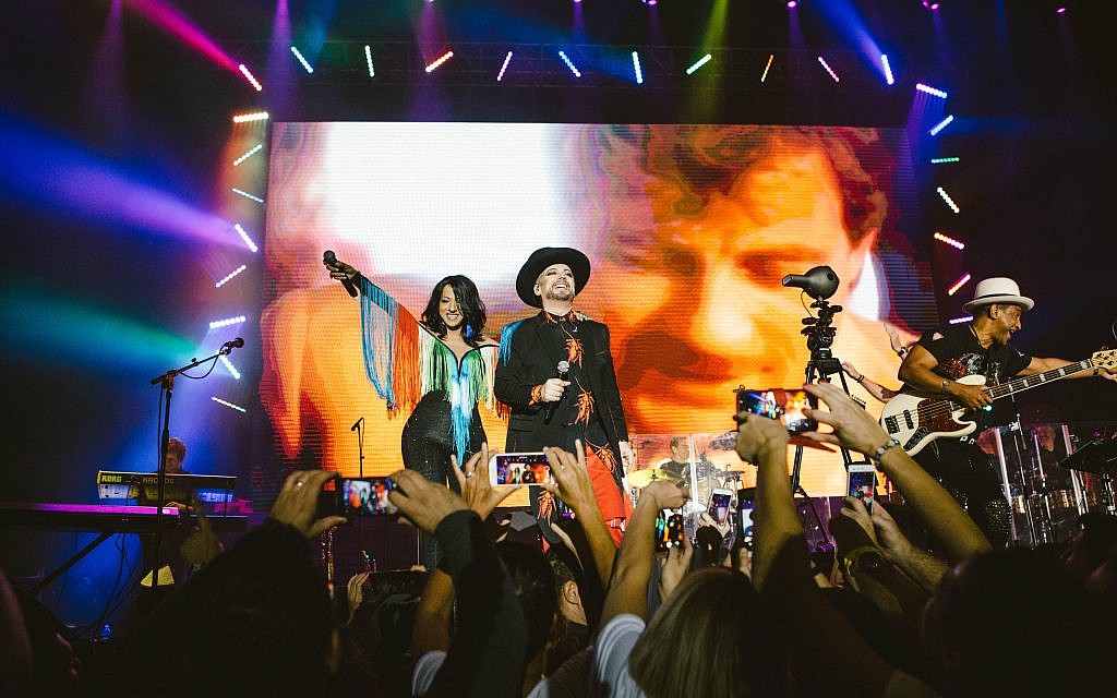 Israeli singer Dana International joins Boy George and Culture Club on stage at a November 7, 2017 show in Tel Aviv. (Courtesy) Israeli singer Dana International joins Boy George and Culture Club on stage at a November 7, 2017 show in Tel Aviv. (Courtesy)