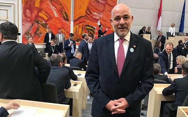 Martin Engelberg, a freshman lawmaker for the People’s Party (OeVP), on his first day in parliament, November 9, 2017 (courtesy) Martin Engelberg, a freshman lawmaker for the People’s Party (OeVP), on his first day in parliament, November 9, 2017 (courtesy)