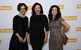 Fran Drescher is flanked by Jane Eisner, left, and Rachel Fishman Feddersen, the Forward’s editor in chief and publisher, respectively, at the newspaper’s 120th anniversary gala at the Museum of Jewish Heritage in New York, Nov. 13, 2017. (Jerry Lacay)