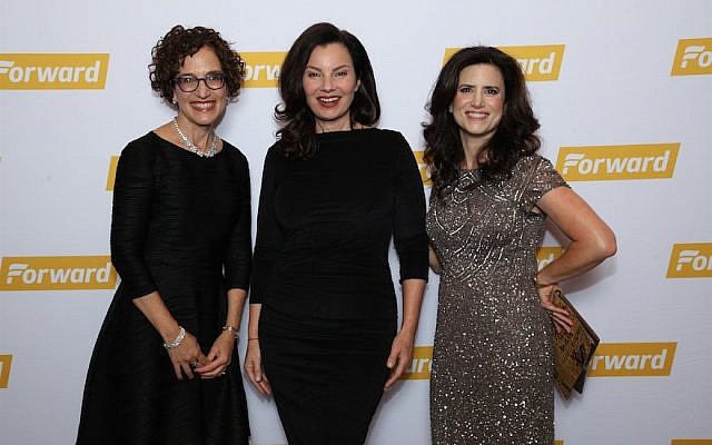 Fran Drescher is flanked by Jane Eisner, left, and Rachel Fishman Feddersen, the Forward’s editor in chief and publisher, respectively, at the newspaper’s 120th anniversary gala at the Museum of Jewish Heritage in New York, Nov. 13, 2017. (Jerry Lacay) Fran Drescher is flanked by Jane Eisner, left, and Rachel Fishman Feddersen, the Forward’s editor in chief and publisher, respectively, at the newspaper’s 120th anniversary gala at the Museum of Jewish Heritage in New York, Nov. 13, 2017. (Jerry Lacay)