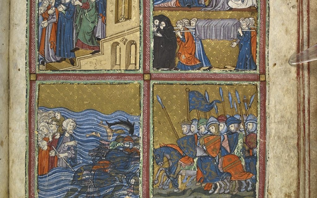 Biblical scenes in miniature paintings, illuminated in gold and striking colours. The Golden Haggadah, Catalonia, ca. 1320 CE (courtesy British Library)