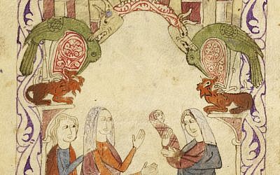 Depiction of the finding of Moses in the Nile by Pharaoh’s daughter. Hispano-Moresque Haggadah, Spain 1275-1324 (courtesy British Library)