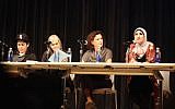 Linda Sarsour, right, speaking about anti-Semitism at a panel at the New School in New York, on November 28, 2017. Other panelists, from left to right, include Lina Morales, Amy Goodman and Rebecca Vilkomerson. (Courtesy Jewish Voice for Peace)