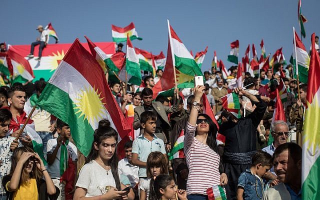 Kurdish people show their support for a referendum on independence for Kurdistan at a massive rally held at the Erbil Stadium in Erbil, Iraq, on September 22, 2017. (Chris McGrath/Getty Images via JTA) Kurdish people show their support for a referendum on independence for Kurdistan at a massive rally held at the Erbil Stadium in Erbil, Iraq, on September 22, 2017. (Chris McGrath/Getty Images via JTA)