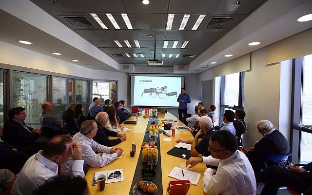 UK Israel Business (UKIB) delegation at a presentation about Israeli startup Orcam; Jerusalem, November 20, 2017 (Courtesy) UK Israel Business (UKIB) delegation at a presentation about Israeli startup Orcam; Jerusalem, November 20, 2017 (Courtesy)
