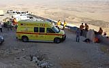 Paramedics at the scene of a rappelling accident at Mitzpeh Ramon on November 16, 2017. (MDA spokesperson)