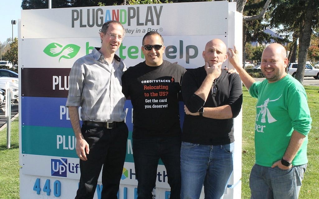 From left to right: Yuval Machlin, Kfir Eyal, Daniel Shaked and Alon Matas in front of Plug n’ Play, a Silicon Valley incubator where they all work. They all talk about returning to Israel someday. (Ben Sales) From left to right: Yuval Machlin, Kfir Eyal, Daniel Shaked and Alon Matas in front of Plug n’ Play, a Silicon Valley incubator where they all work. They all talk about returning to Israel someday. (Ben Sales)