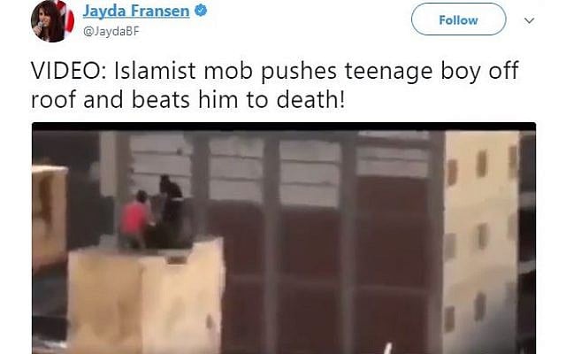 A tweet shared by a British far-right leader and shared by Donald Trump on November 29, 2017, showing a rooftop skirmish in Cairo in 2013. Screen capture: Twitter) A tweet shared by a British far-right leader and shared by Donald Trump on November 29, 2017, showing a rooftop skirmish in Cairo in 2013. Screen capture: Twitter)