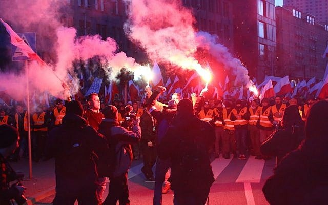 Nationalists march through Warsaw, Nov. 11, 2017. (Jakob Ratz/Pacific Press/LightRocket via Getty Images and JTA) Nationalists march through Warsaw, Nov. 11, 2017. (Jakob Ratz/Pacific Press/LightRocket via Getty Images and JTA)