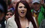 Deputy leader of the far-right organization Britain First Jayda Fransen gestures as she participates in a march in central London on April 1, 2017. (AFP Photo/Daniel Leal-Olivas)