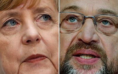 This combination of file photos on December 1, 2017 shows German Chancellor Angela Merkel (L) and Martin Schulz, leader of Germany's social democrat SPD party. (AFP/Odd Andersen, AFP/Tobias Schwarz)