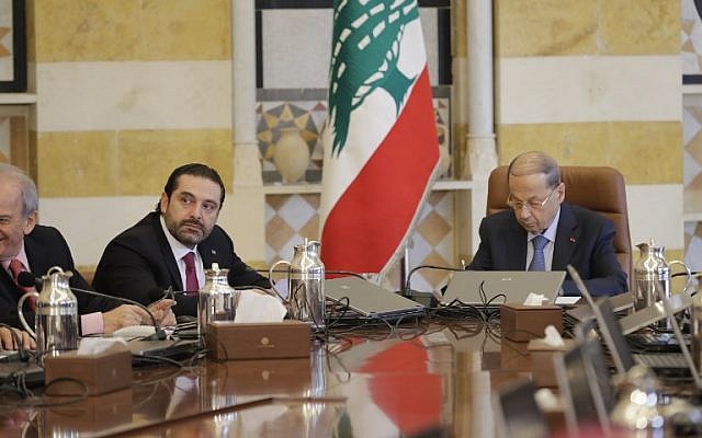 Lebanese President Michel Aoun (R) and Prime Minister Saad Hariri attend a cabinet meeting at the presidential palace of Baabda, east of the capital Beirut, on December 5, 2017. (AFP PHOTO / JOSEPH EID) Lebanese President Michel Aoun (R) and Prime Minister Saad Hariri attend a cabinet meeting at the presidential palace of Baabda, east of the capital Beirut, on December 5, 2017. (AFP PHOTO / JOSEPH EID)