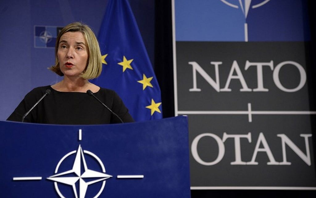 European Union High Representative for Foreign Affairs and Security Policy Federica Mogherini talks to the media during a NATO Foreign Affairs Ministers' meeting held at NATO headquarter in Brussels, December 5, 2017. (THIERRY CHARLIER/AFP)