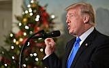 US President Donald Trump delivers a statement on Jerusalem from the Diplomatic Reception Room of the White House in Washington, DC, on December 6, 2017. (Saul Loeb/AFP)