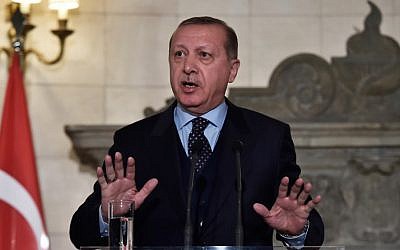 Turkish President Recep Tayyip Erdogan gestures as he speaks during a joint press conference with the Greek prime minister in Athens on December 7, 2017. (AFP PHOTO / Louisa GOULIAMAKI)