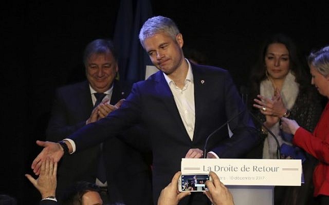 French right-wing Les Republicains (LR) party newly-elected President, Laurent Wauquiez reacts after the results' announcement on December 10, 2017, at le Tripot Regnier bar in Paris. (AFP PHOTO / JACQUES DEMARTHON) French right-wing Les Republicains (LR) party newly-elected President, Laurent Wauquiez reacts after the results' announcement on December 10, 2017, at le Tripot Regnier bar in Paris. (AFP PHOTO / JACQUES DEMARTHON)
