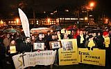 A rally at the Iranian embassy in Brussels, in support of Ahmadreza Djalali, after Iran's Supreme Court upheld the death sentence handed to the Iranian-born Swedish resident and specialist in emergency medicine, on December 14, 2017. (AFP Photo/Belga/Virginie Lefour)
