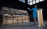 Illustrative: US Ambassador to the United Nations Nikki Haley points to previously classified missile segments she says prove Iran violated UN Security Council Resolution 2231 by providing the Houthi rebels in Yemen with arms, during a press conference at Joint Base Anacostia in Washington, DC, on December 14, 2017. (AFP Photo/Jim Watson)