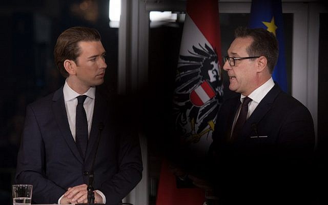 Future Austrian Chancellor Sebastian Kurz (L) of the conservative People's Party (OeVP) and incoming vice-chancellor Heinz-Christian Strache of the far-right Freedom Party (FPOe) give a joint press conference to unveil their joint programme on December 16, 2017 in Vienna, Austria. (AFP PHOTO / ALEX HALADA) Future Austrian Chancellor Sebastian Kurz (L) of the conservative People's Party (OeVP) and incoming vice-chancellor Heinz-Christian Strache of the far-right Freedom Party (FPOe) give a joint press conference to unveil their joint programme on December 16, 2017 in Vienna, Austria. (AFP PHOTO / ALEX HALADA)