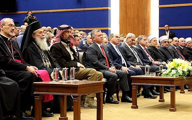 King Abdullah II of Jordan, 4th from left, attends an event with Christian leaders from various churches at the Baptism Site Convention Center in Jordan, December 17, 2017. (AMEL PAIN/AFP) King Abdullah II of Jordan, 4th from left, attends an event with Christian leaders from various churches at the Baptism Site Convention Center in Jordan, December 17, 2017. (AMEL PAIN/AFP)