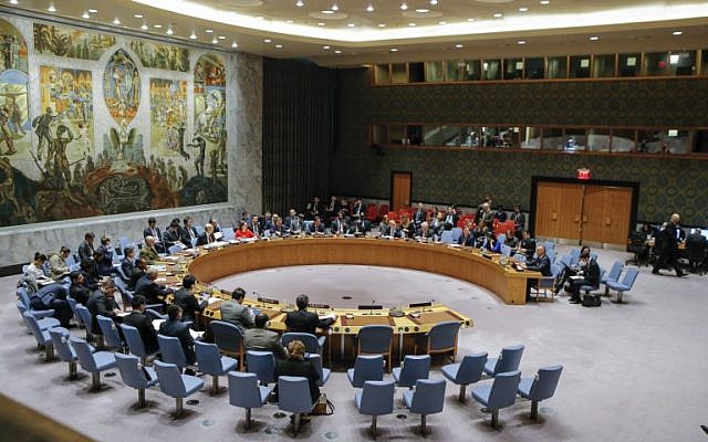 Illustrative: A general view of the UN Security Council room during a meeting over the situation in the Middle East on December 18, 2017, at UN Headquarters in New York. (AFP Photo/Kena Betancur) Illustrative: A general view of the UN Security Council room during a meeting over the situation in the Middle East on December 18, 2017, at UN Headquarters in New York. (AFP Photo/Kena Betancur)