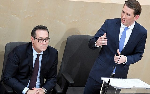 Austrian Chancellor Sebastian Kurz, right, and Austrian vice-chancellor Heinz-Christian Strache, of the Freedom Party, at a special meeting of the Austrian National Assembly at the temporary parliamentary assembly hall at Vienna Castle on December 20, 2017. (AFP/ APA / ROLAND SCHLAGER) Austrian Chancellor Sebastian Kurz, right, and Austrian vice-chancellor Heinz-Christian Strache, of the Freedom Party, at a special meeting of the Austrian National Assembly at the temporary parliamentary assembly hall at Vienna Castle on December 20, 2017. (AFP/ APA / ROLAND SCHLAGER)