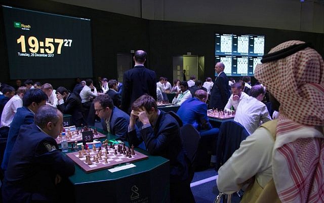 Participants attend the King Salman World Rapid and Blitz Championships, the first international chess competition held in Saudi Arabia, in the capital Riyadh on December 26, 2017. (AFP/STRINGER) Participants attend the King Salman World Rapid and Blitz Championships, the first international chess competition held in Saudi Arabia, in the capital Riyadh on December 26, 2017. (AFP/STRINGER)