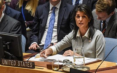 US Ambassador to the United Nations Nikki Haley delivers a speech during a United Nations Security Council meeting on December 8, 2017 in New York City (Stephanie Keith/Getty Images/AFP)