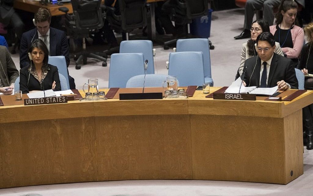 US ambassador to the United Nations Nikki Haley, left, and Israeli ambassador to the United Nations Danny Danon at a UN Security Council meeting on December 18, 2017 in New York City. (Drew Angerer/Getty Images/AFP) US ambassador to the United Nations Nikki Haley, left, and Israeli ambassador to the United Nations Danny Danon at a UN Security Council meeting on December 18, 2017 in New York City. (Drew Angerer/Getty Images/AFP)
