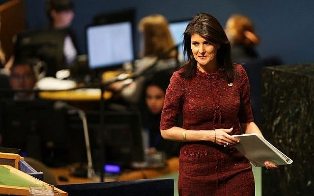 Nikki Haley, United States Ambassador to the United Nations, prepares to speak on the floor of the General Assembly on December 21, 2017 in New York City. (Spencer Platt/Getty Images/AFP) Nikki Haley, United States Ambassador to the United Nations, prepares to speak on the floor of the General Assembly on December 21, 2017 in New York City. (Spencer Platt/Getty Images/AFP)