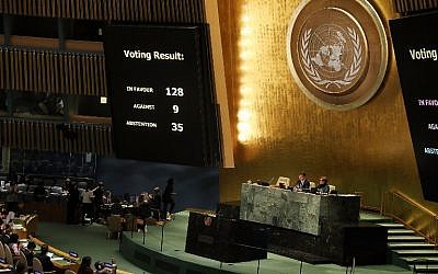 The voting results are displayed on the floor of the United Nations General Assembly in which the United States declaration of Jerusalem as Israel's capital was declared "null and void" on December 21, 2017 in New York City. The vote, 128-9, at the United Nations concerned Washington's decision to recognize Jerusalem as Israel's capital and relocate its embassy there. (Spencer Platt/Getty Images/AFP)