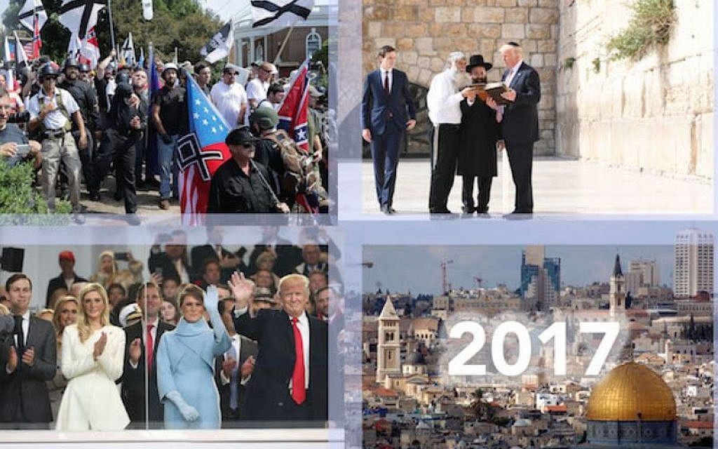 From a wave of bomb threats at JCCs to a neo-Nazi rally in Charlottesville to Trump’s decision to recognize Jerusalem as Israel’s capital, 2017 was not a quiet year for Jews. (JTA collage) From a wave of bomb threats at JCCs to a neo-Nazi rally in Charlottesville to Trump’s decision to recognize Jerusalem as Israel’s capital, 2017 was not a quiet year for Jews. (JTA collage)